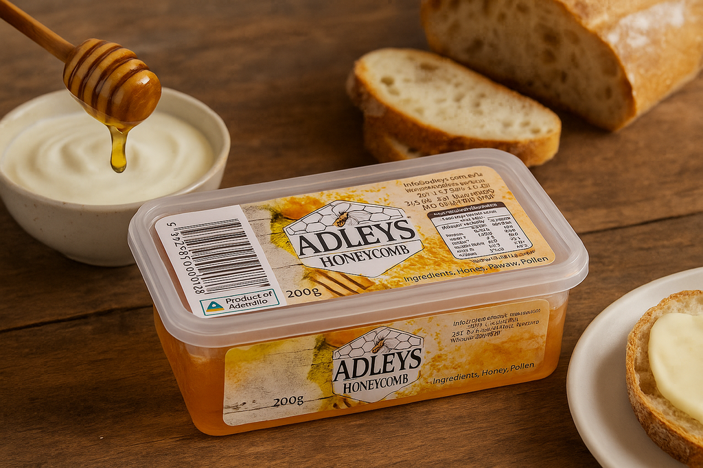 Adley's honeycomb packaging on a wooden surface with bread and honey.