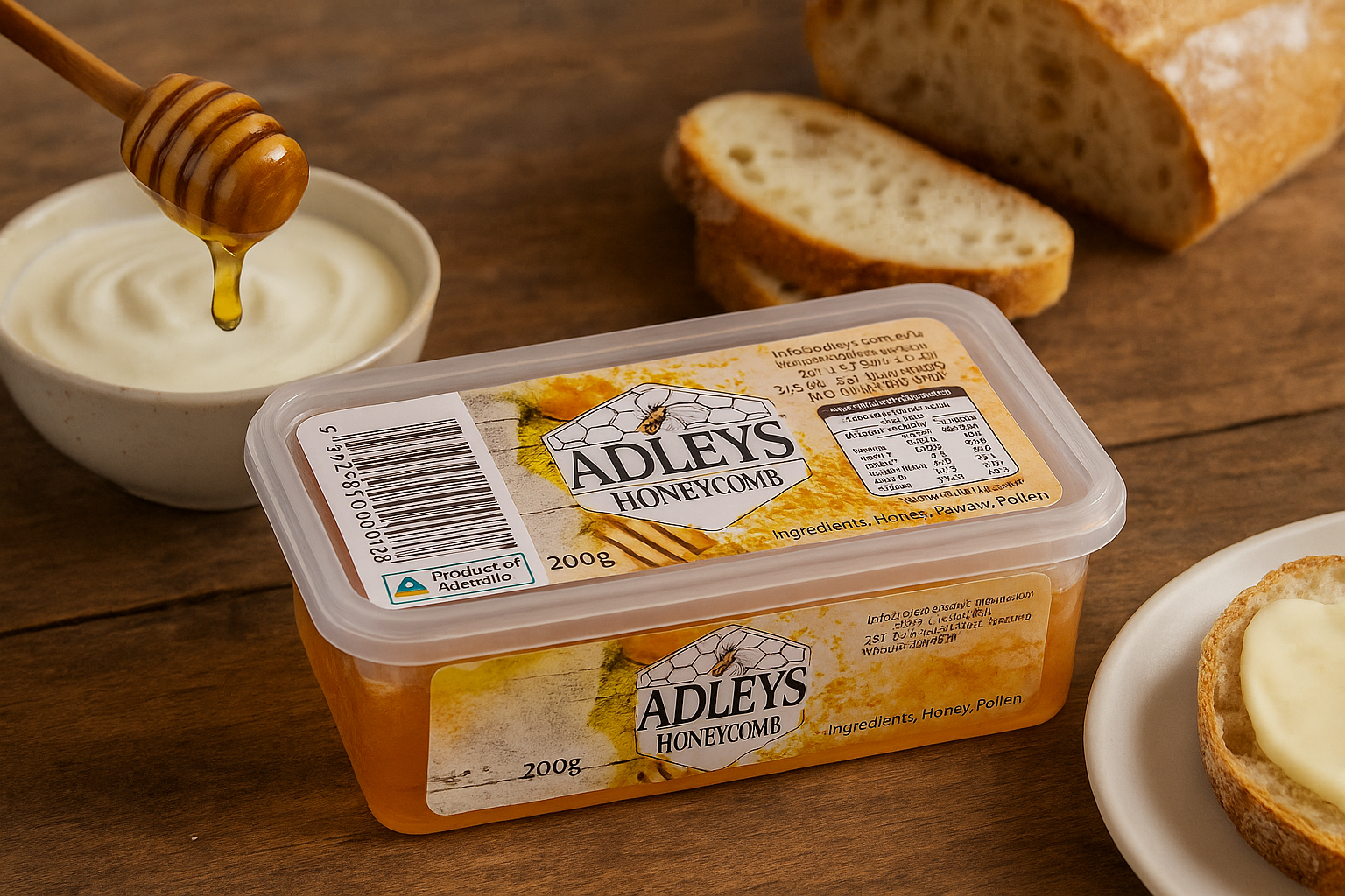 Adley's honeycomb packaging on a wooden surface with bread and honey.