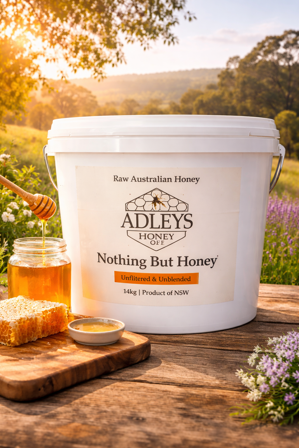 Adleys Honey bucket with a jar of honey and honeycomb on a wooden table with a scenic background.