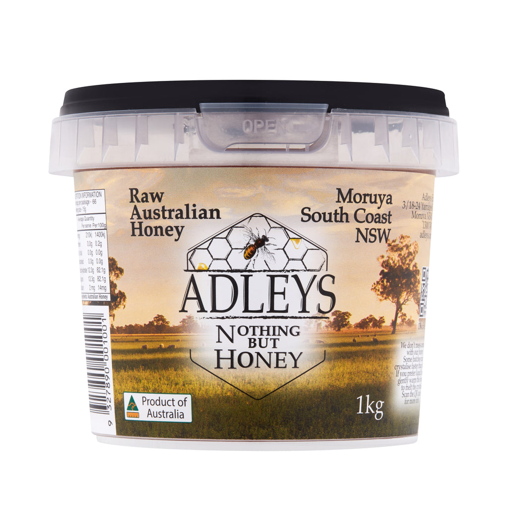 Adley's honey container with a scenic label on a white background