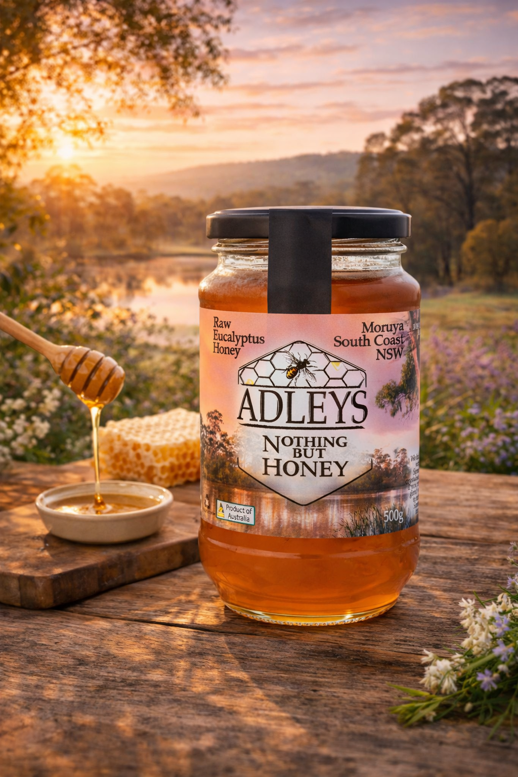 Jar of Adley's honey with a sunset landscape in the background