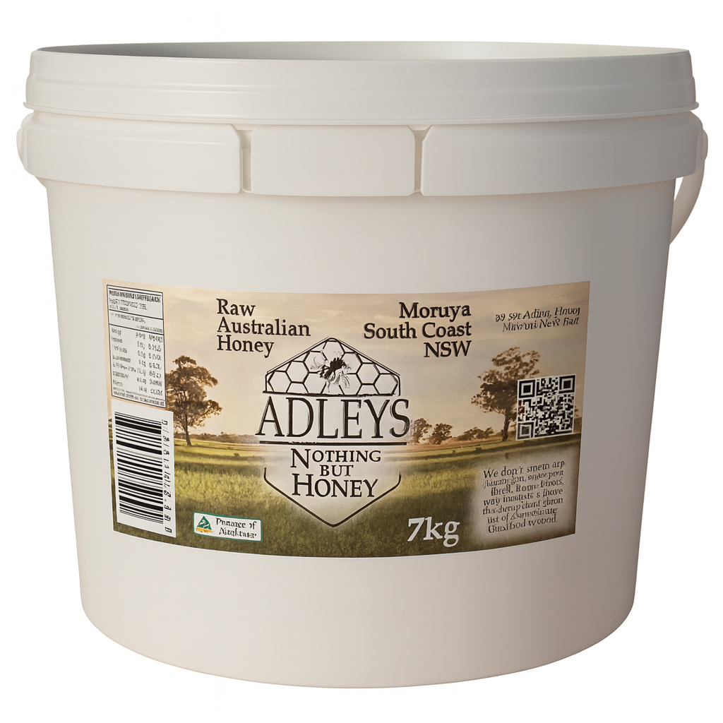 White bucket of Adley's Raw Australian Honey with a label on a white background