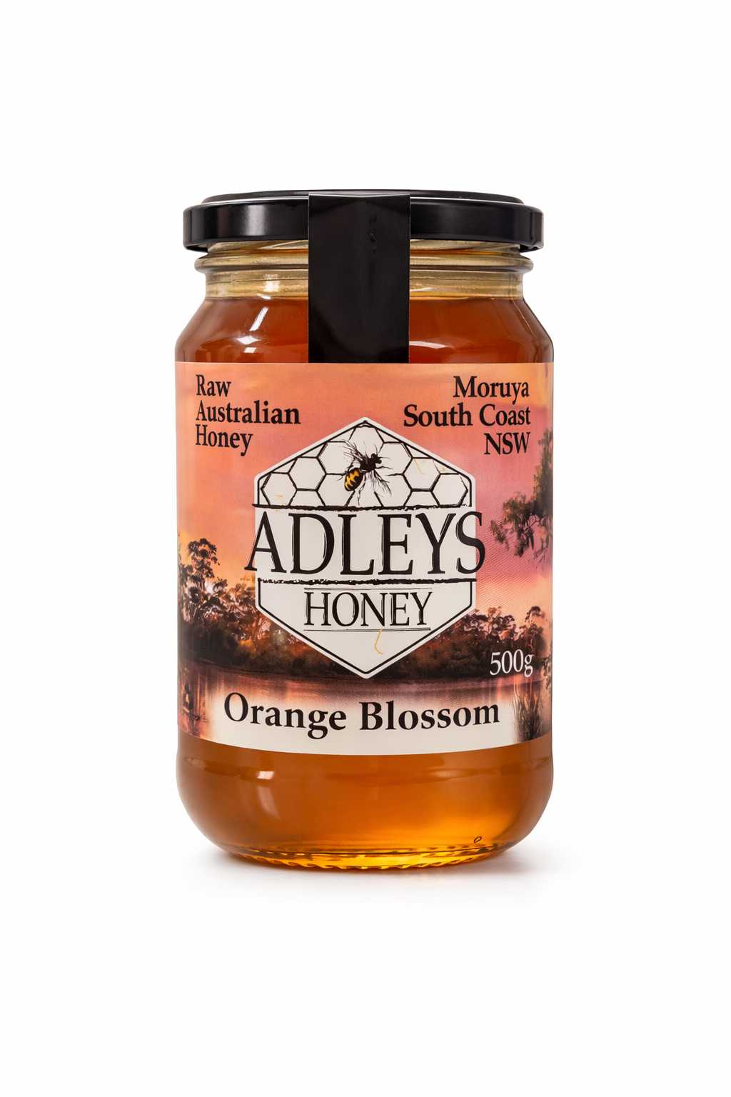 Adleys Orange Blossom Honey 500g, glass jar wiith black lid