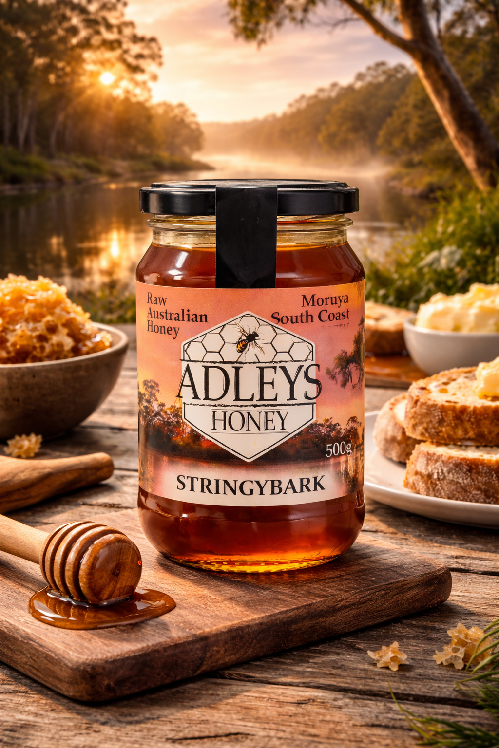 Jar of Adley's Honey on a wooden board with a scenic background