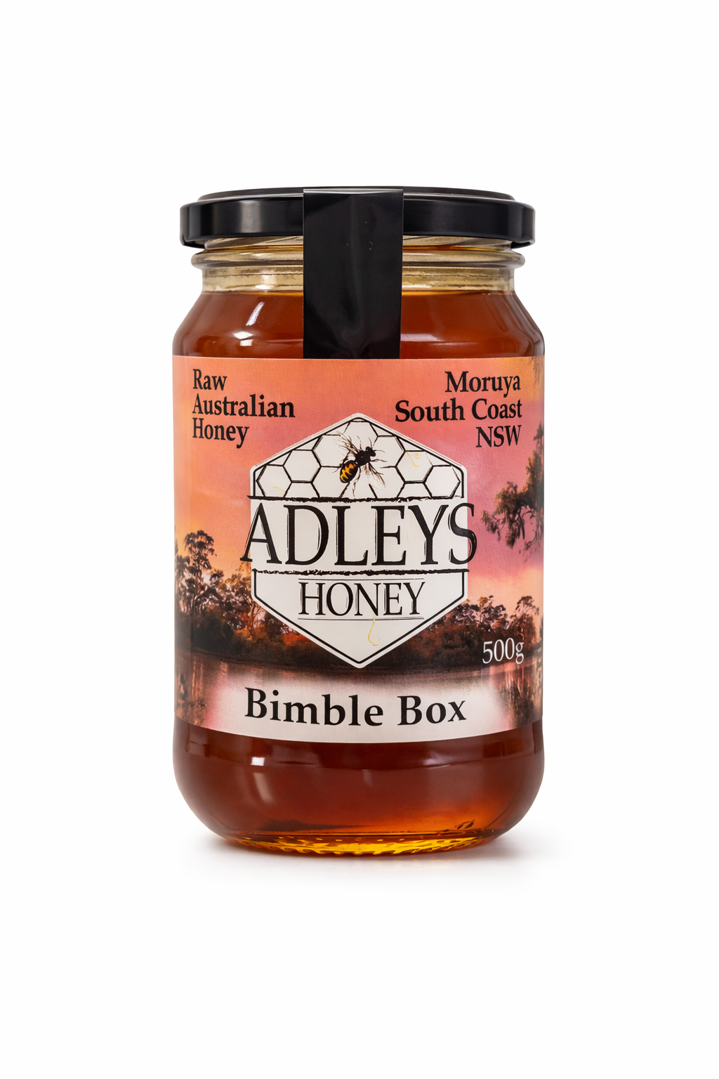 Jar of Adley's Honey with a pink label on a white background