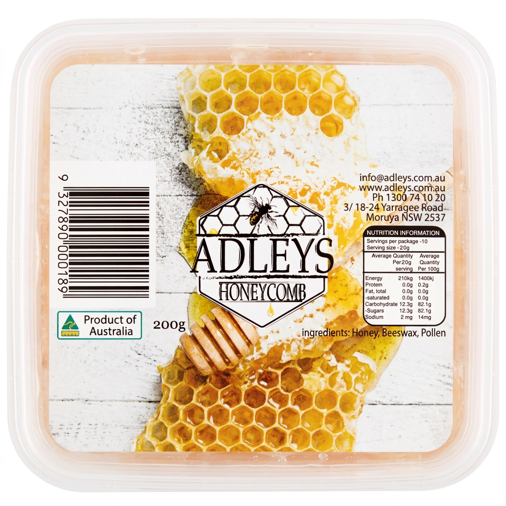 Adleys honeycomb in square clear packaging with an edge-to-edge label